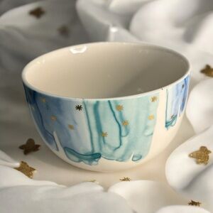 Anthropologie Night Sky Cereal Bowl Stoneware Teal Blue Drip Gold Star
